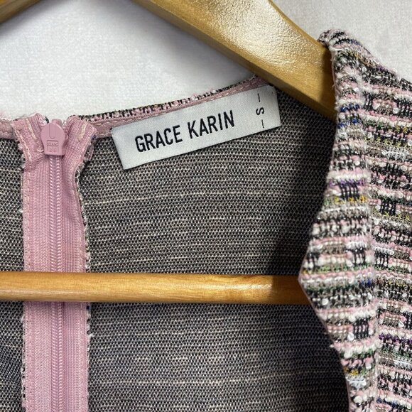 GRACE KARIN Cap Sleeve Queen Neck Tweed Body-con Pencil Dress Women Small Pink - Picture 7 of 16